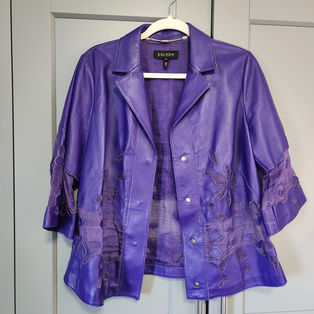Vintage ESCADA Lobelia Crocus Purple Lambskin Leather Silk Cutout Jacket Coat 40